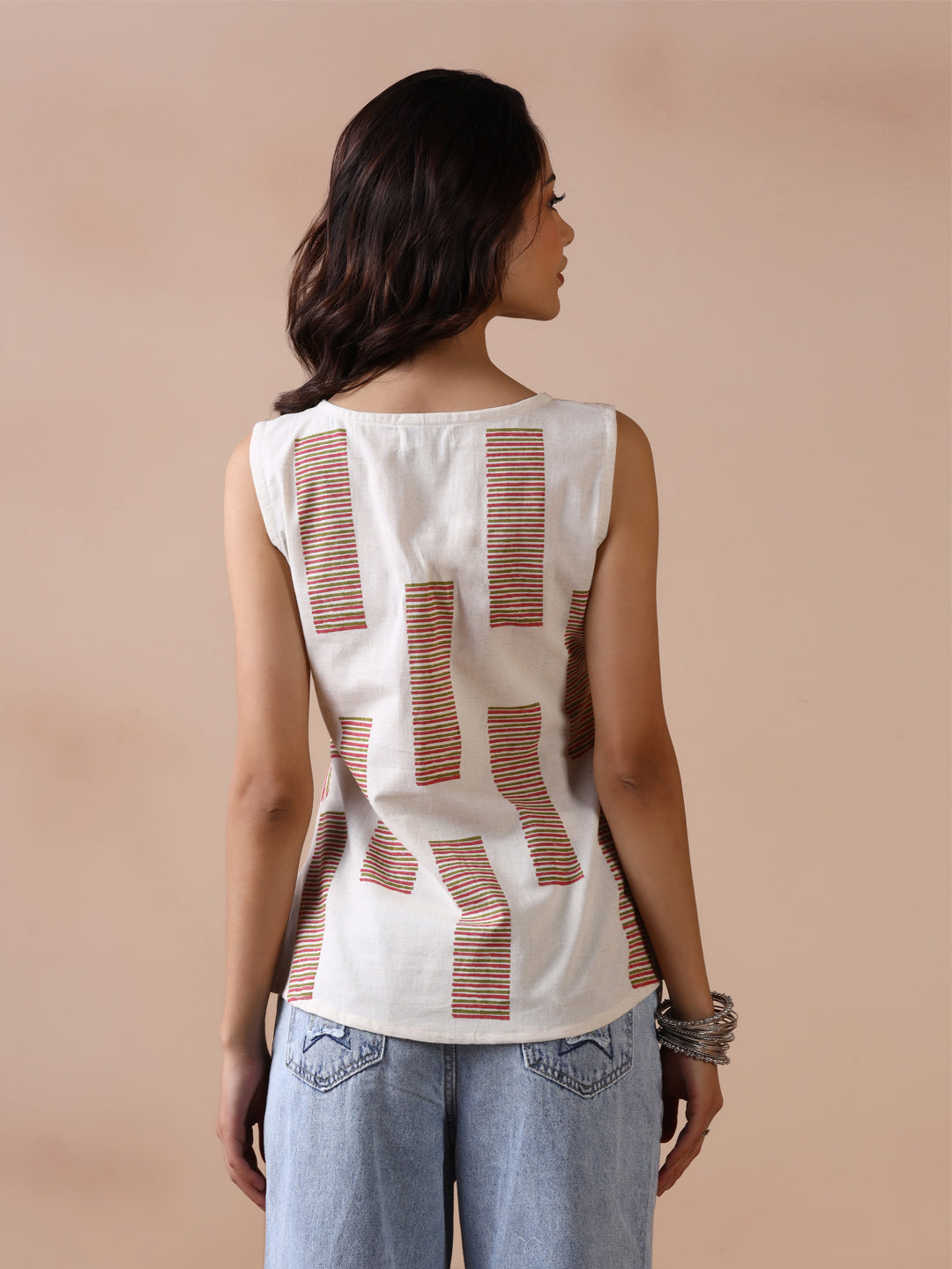 Asymmetric Checkered and Striped Cotton Sleeveless Top with Front Buttons
