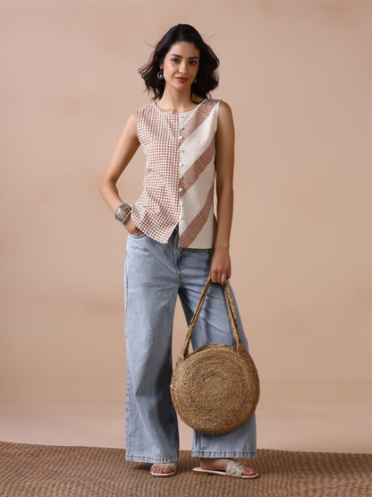 Asymmetric Checkered and Striped Cotton Sleeveless Top with Front Buttons