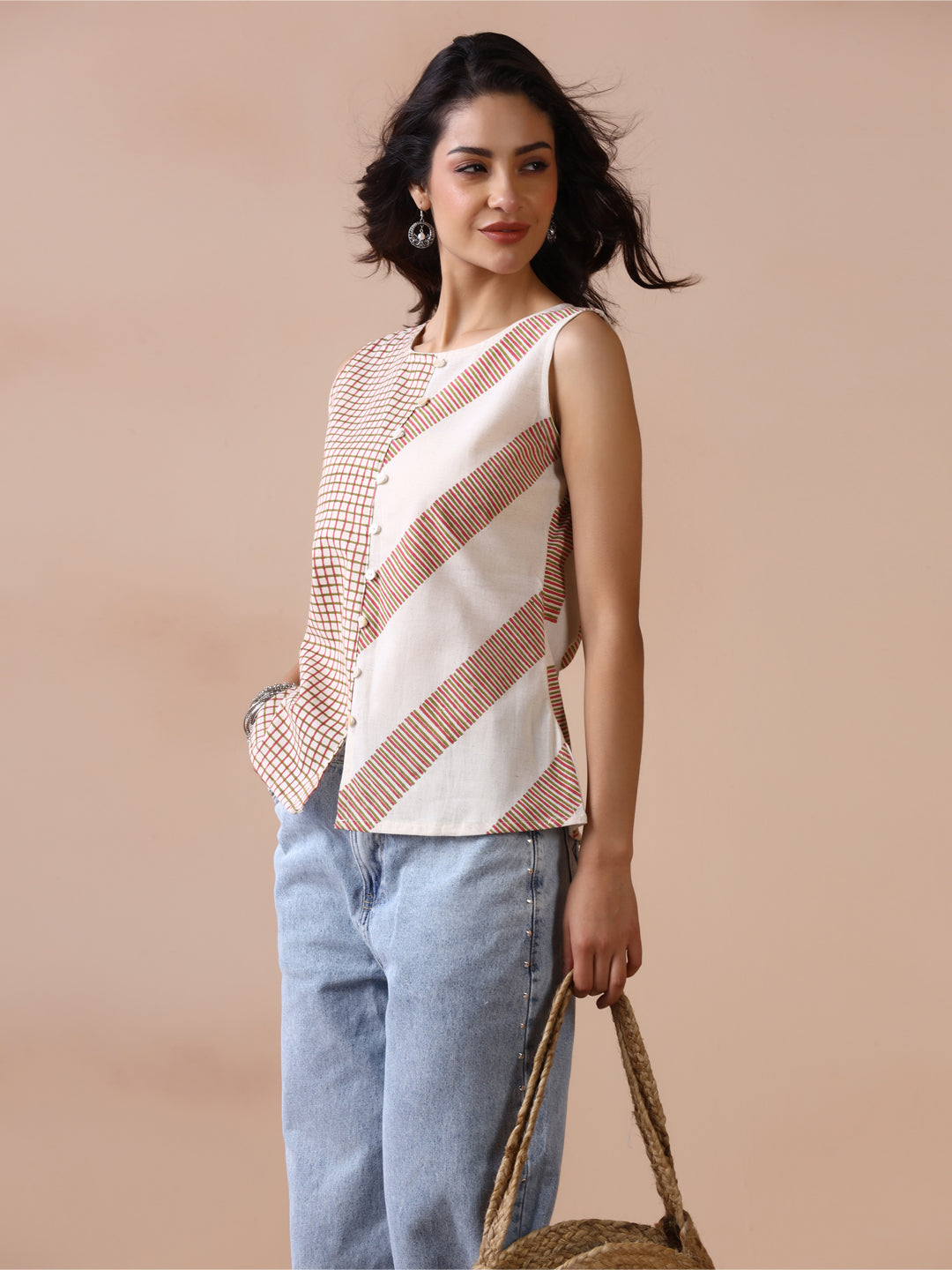 Asymmetric Checkered and Striped Cotton Sleeveless Top with Front Buttons