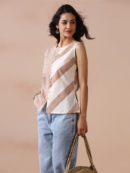 Asymmetric Checkered and Striped Cotton Sleeveless Top with Front Buttons