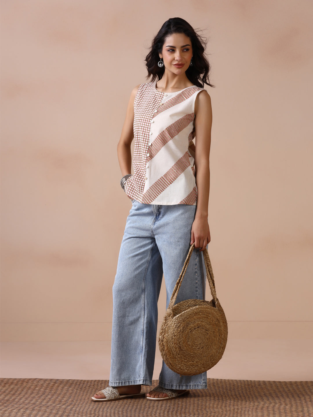 Asymmetric Checkered and Striped Cotton Sleeveless Top with Front Buttons