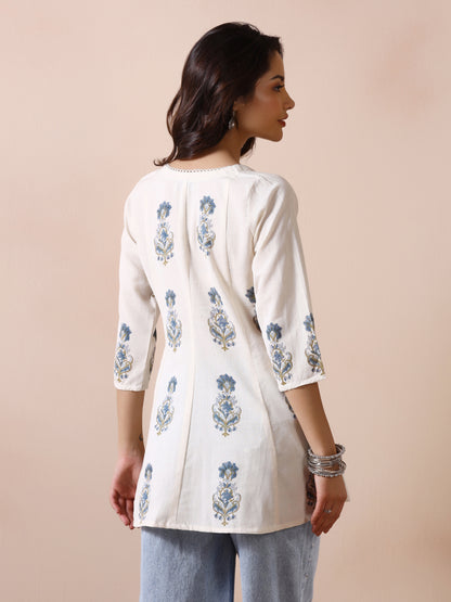 Off White Handblock Printed Flared Tunic Top with Blue Floral Motifs