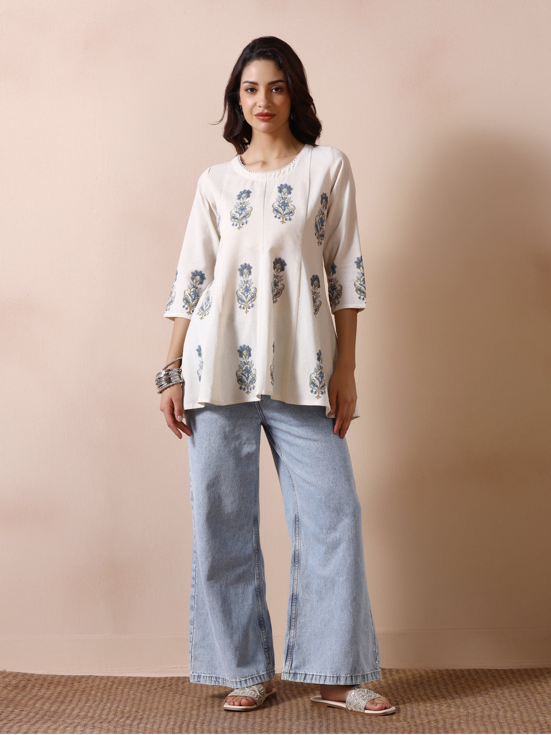 Off White Handblock Printed Flared Tunic Top with Blue Floral Motifs