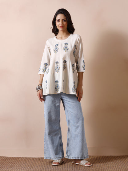 Off White Handblock Printed Flared Tunic Top with Blue Floral Motifs