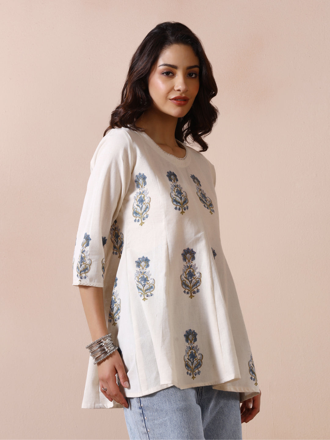 Off White Handblock Printed Flared Tunic Top with Blue Floral Motifs