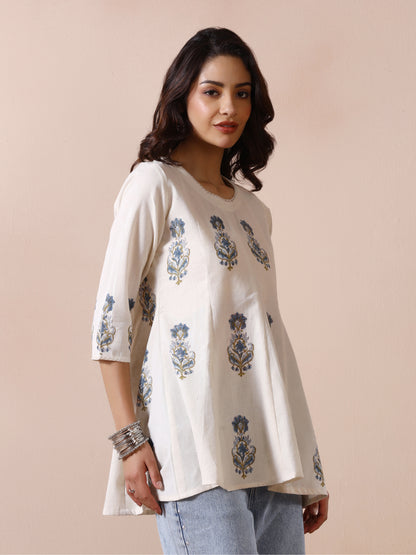 Off White Handblock Printed Flared Tunic Top with Blue Floral Motifs