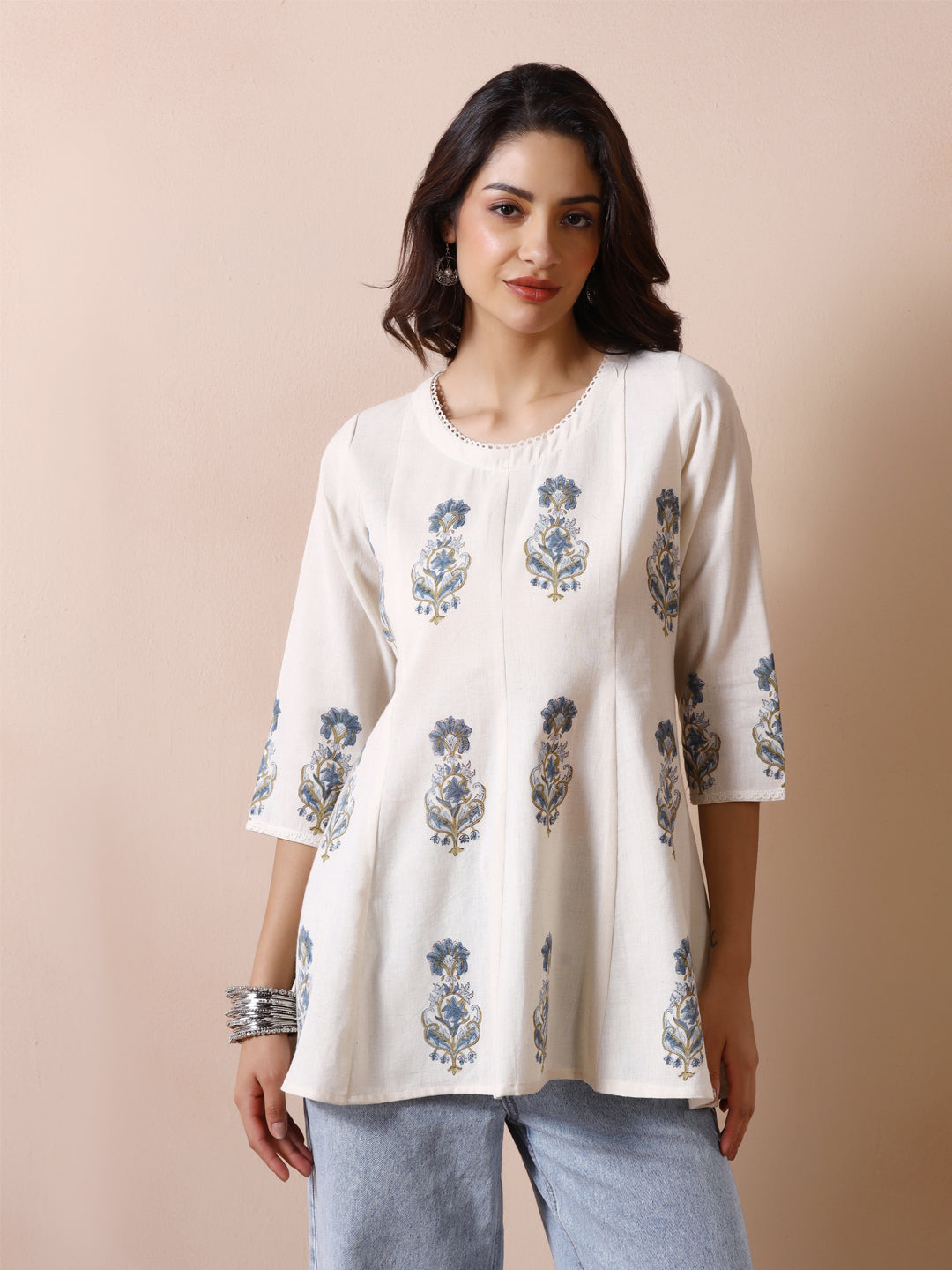 Off White Handblock Printed Flared Tunic Top with Blue Floral Motifs
