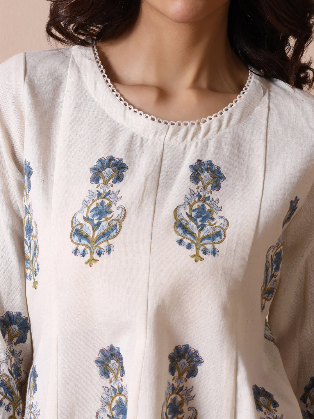 Off White Handblock Printed Flared Tunic Top with Blue Floral Motifs