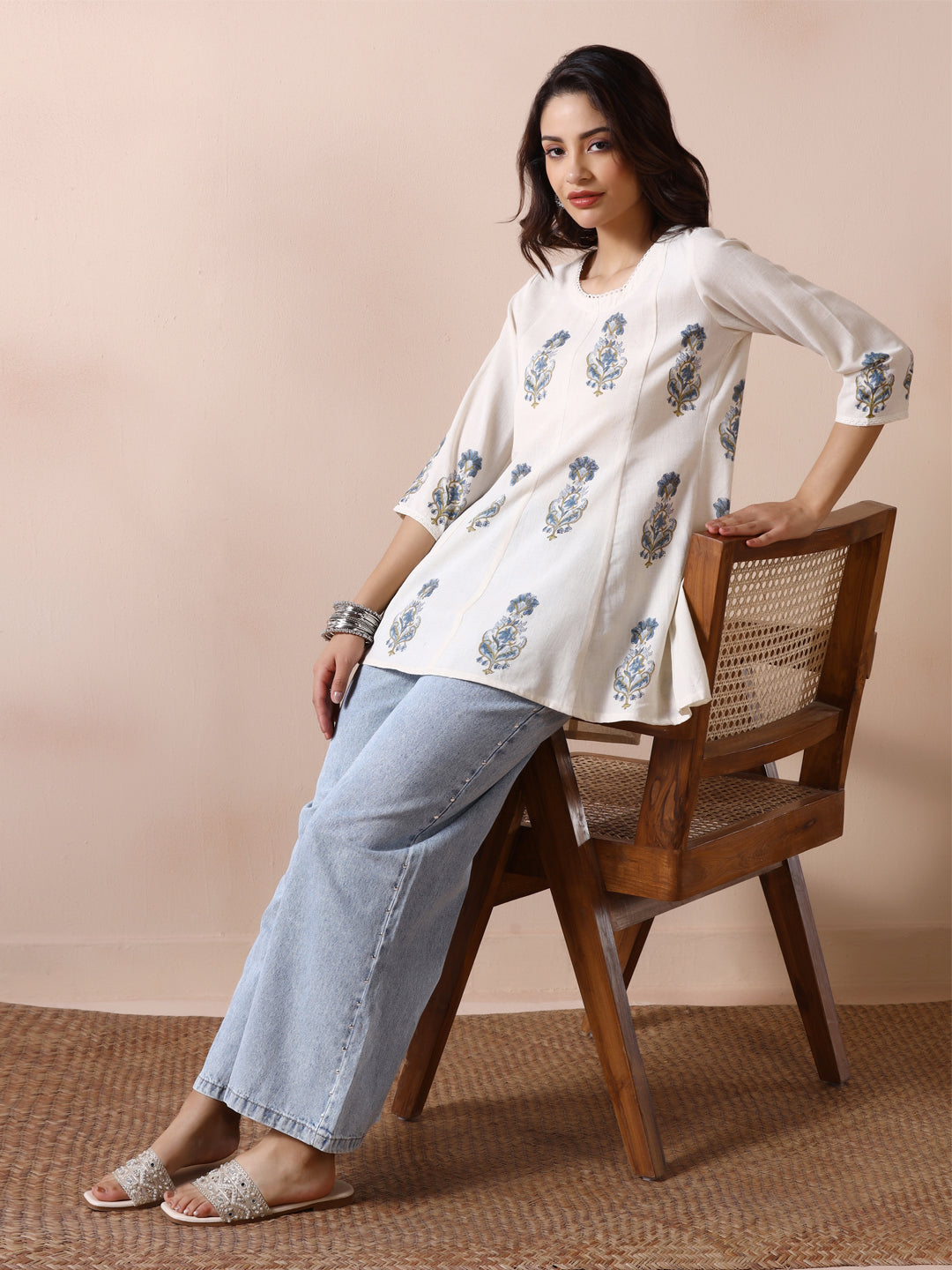 Off White Handblock Printed Flared Tunic Top with Blue Floral Motifs