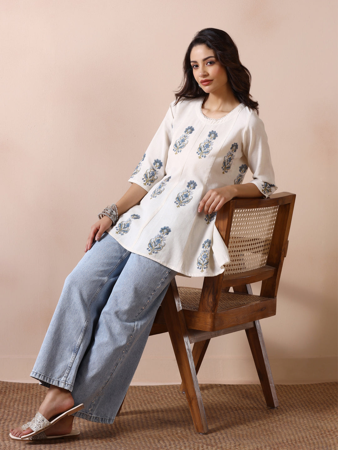 Off White Handblock Printed Flared Tunic Top with Blue Floral Motifs