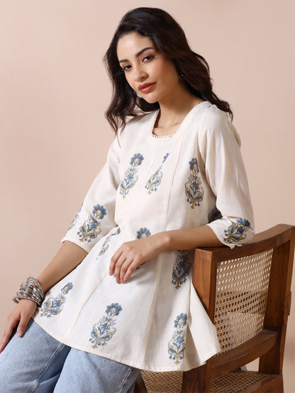 Off White Handblock Printed Flared Tunic Top with Blue Floral Motifs