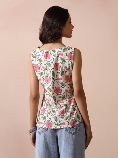Off-White Cotton Sleeveless Top with Pink Hibiscus Floral Jaal Print
