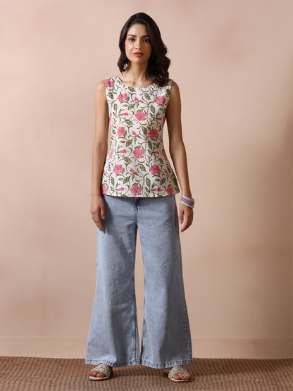 Off-White Cotton Sleeveless Top with Pink Hibiscus Floral Jaal Print