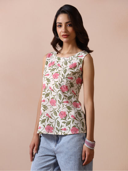 Off-White Cotton Sleeveless Top with Pink Hibiscus Floral Jaal Print
