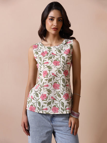 Off-White Cotton Sleeveless Top with Pink Hibiscus Floral Jaal Print