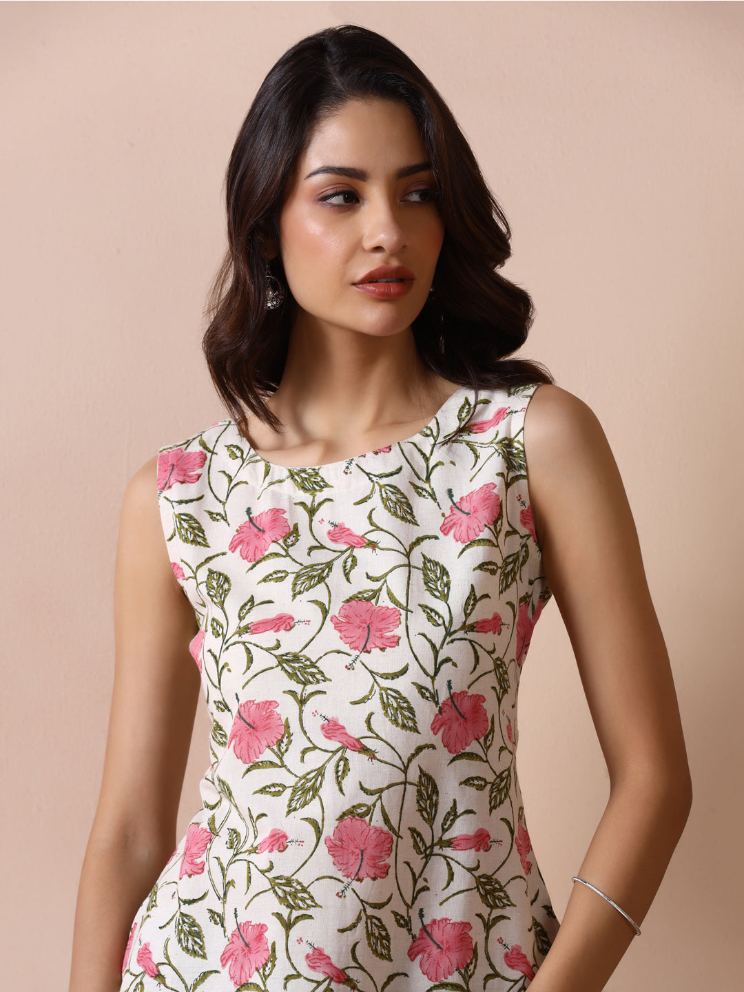Off-White Cotton Sleeveless Top with Pink Hibiscus Floral Jaal Print