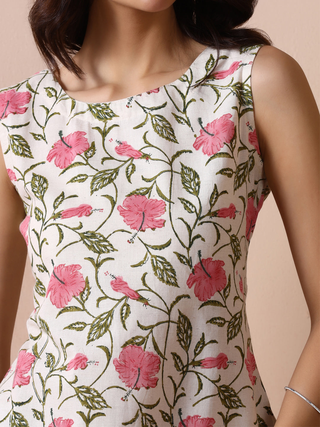 Off-White Cotton Sleeveless Top with Pink Hibiscus Floral Jaal Print