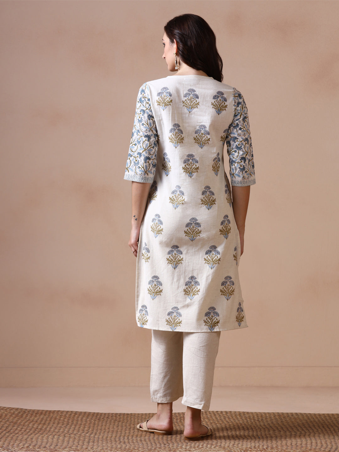 Off-White and Blue Floral Block Print Panelled Cotton Kurta with Keyhole Neck