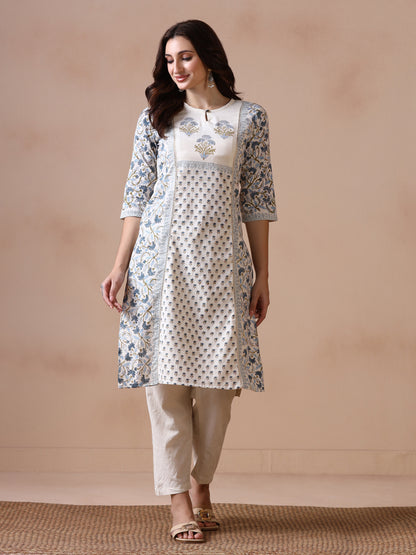 Off-White and Blue Floral Block Print Panelled Cotton Kurta with Keyhole Neck