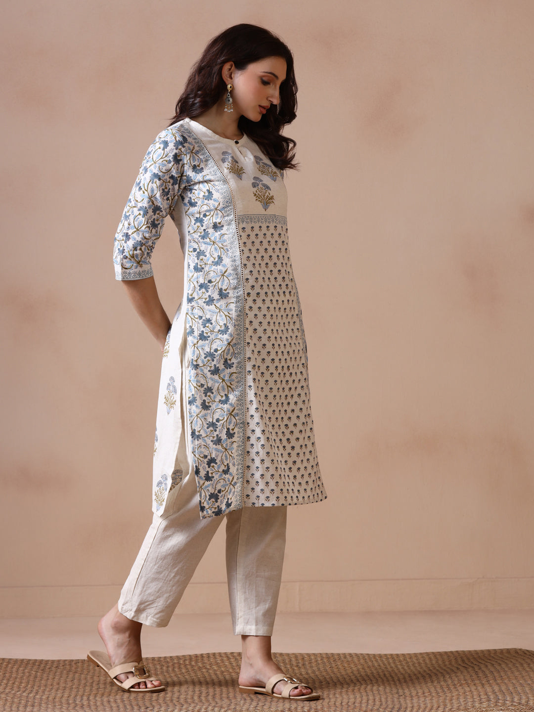 Off-White and Blue Floral Block Print Panelled Cotton Kurta with Keyhole Neck