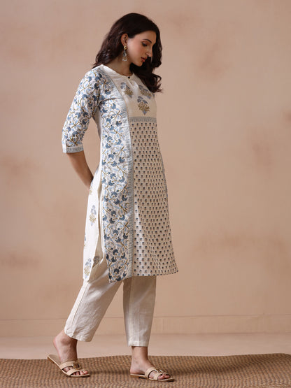 Off-White and Blue Floral Block Print Panelled Cotton Kurta with Keyhole Neck