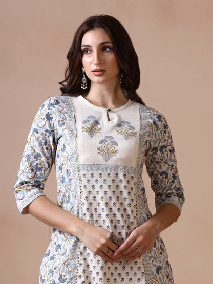 Off-White and Blue Floral Block Print Panelled Cotton Kurta with Keyhole Neck
