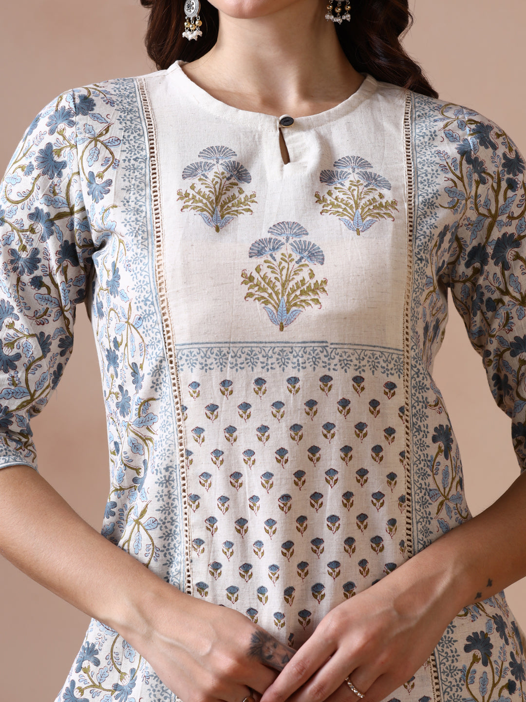 Off-White and Blue Floral Block Print Panelled Cotton Kurta with Keyhole Neck