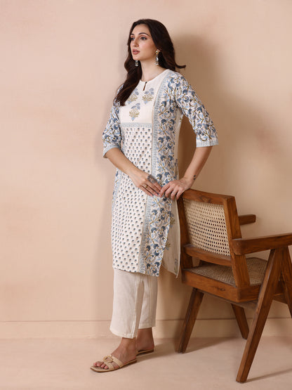 Off-White and Blue Floral Block Print Panelled Cotton Kurta with Keyhole Neck