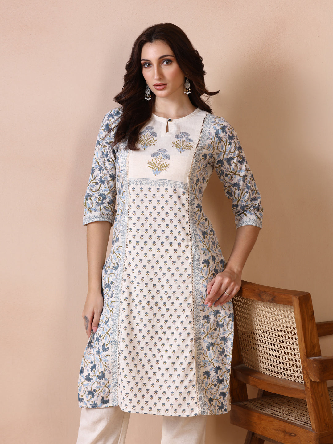Off-White and Blue Floral Block Print Panelled Cotton Kurta with Keyhole Neck
