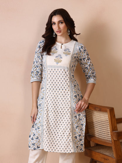 Off-White and Blue Floral Block Print Panelled Cotton Kurta with Keyhole Neck