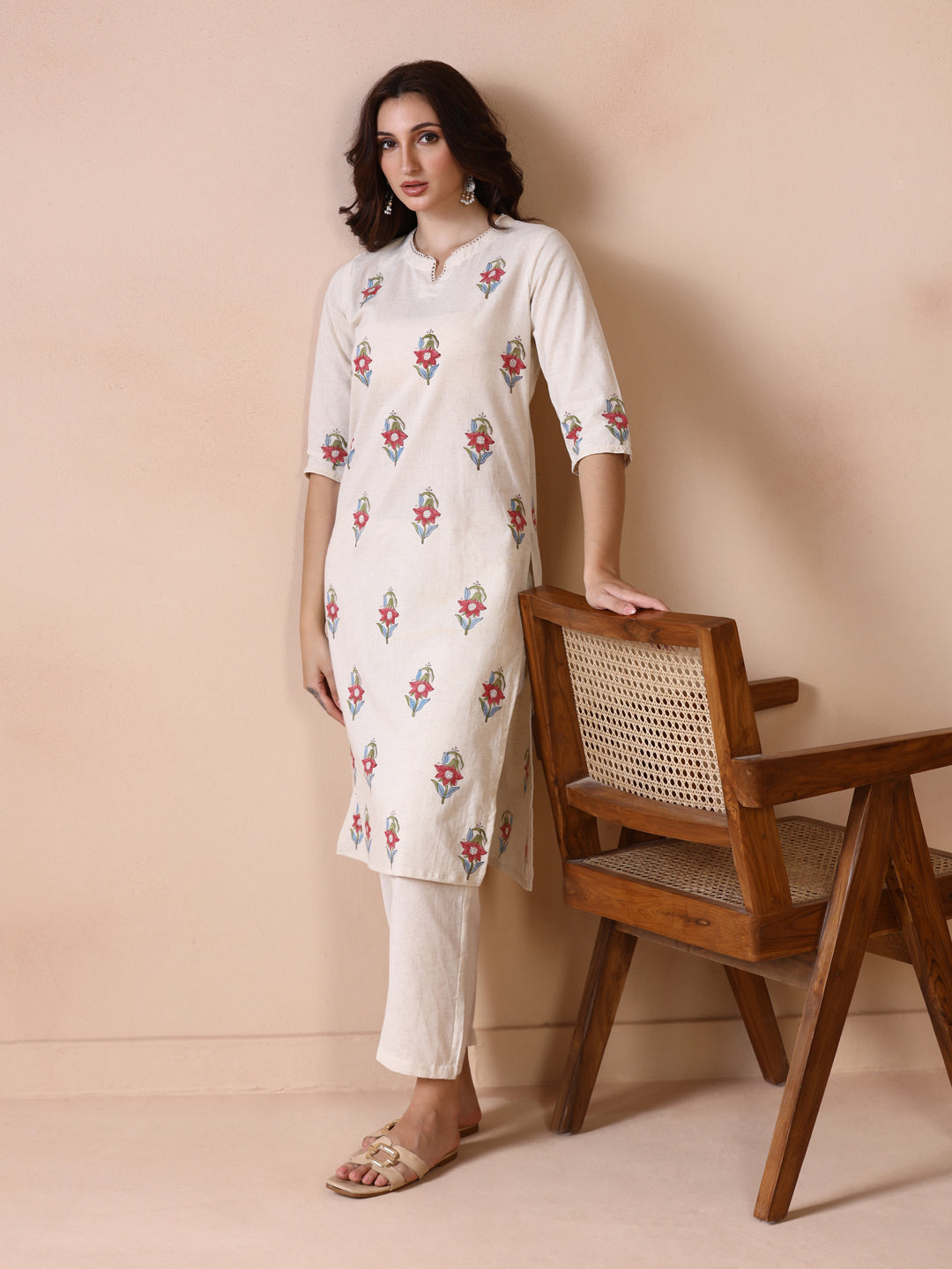 Off-White Cotton Straight Kurta with Floral Block Print.