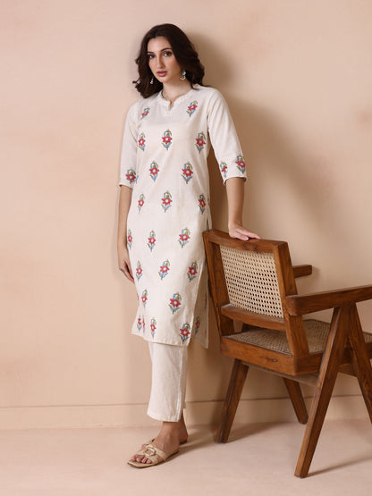 Off-White Cotton Straight Kurta with Floral Block Print.