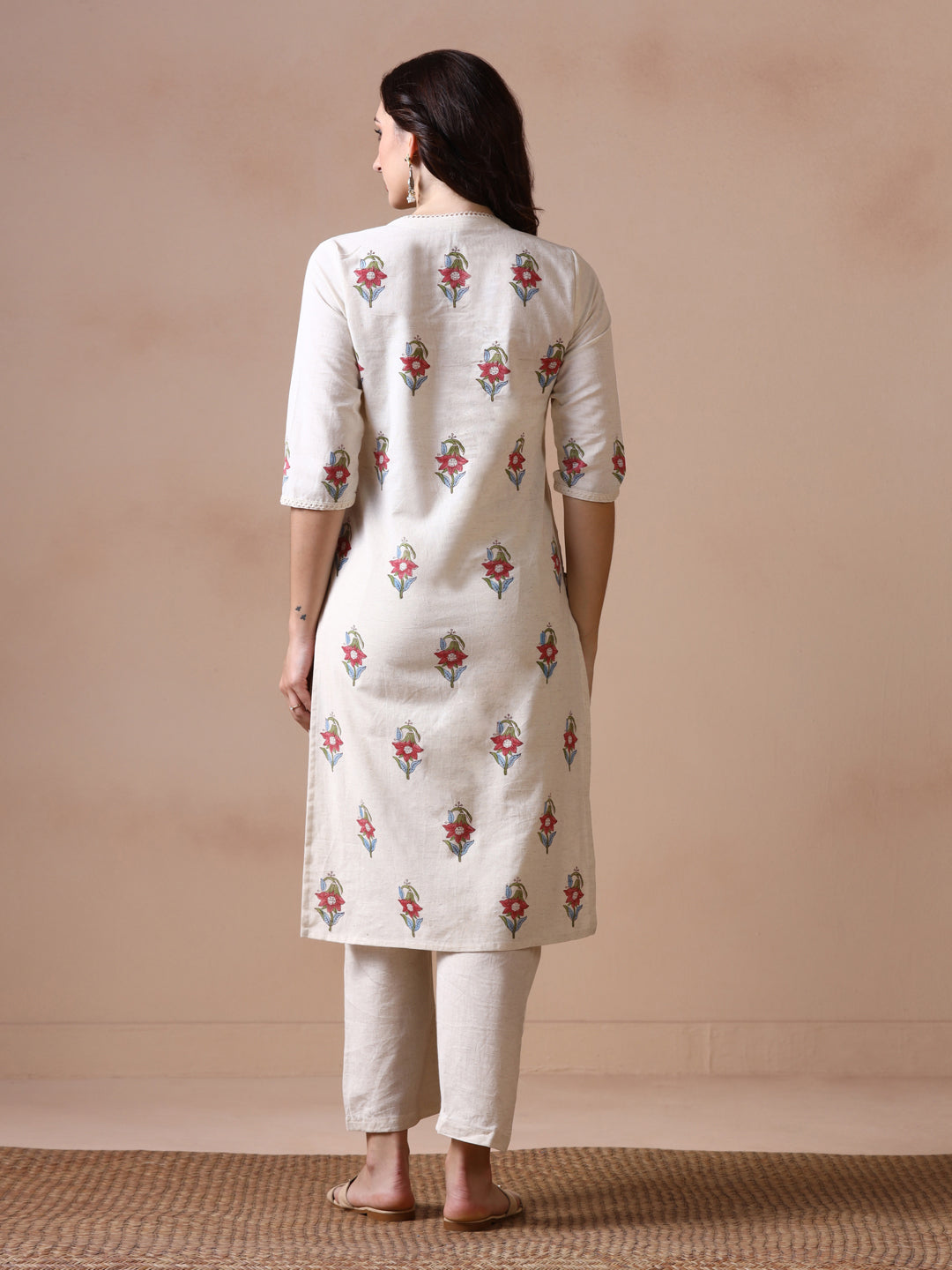 Off-White Cotton Straight Kurta with Floral Block Print.
