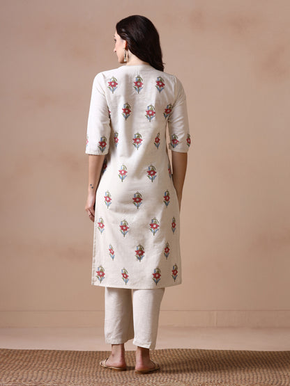 Off-White Cotton Straight Kurta with Floral Block Print.