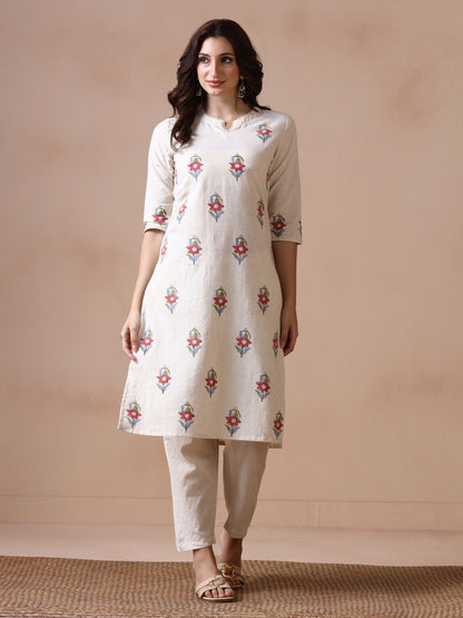 Off-White Cotton Straight Kurta with Floral Block Print.