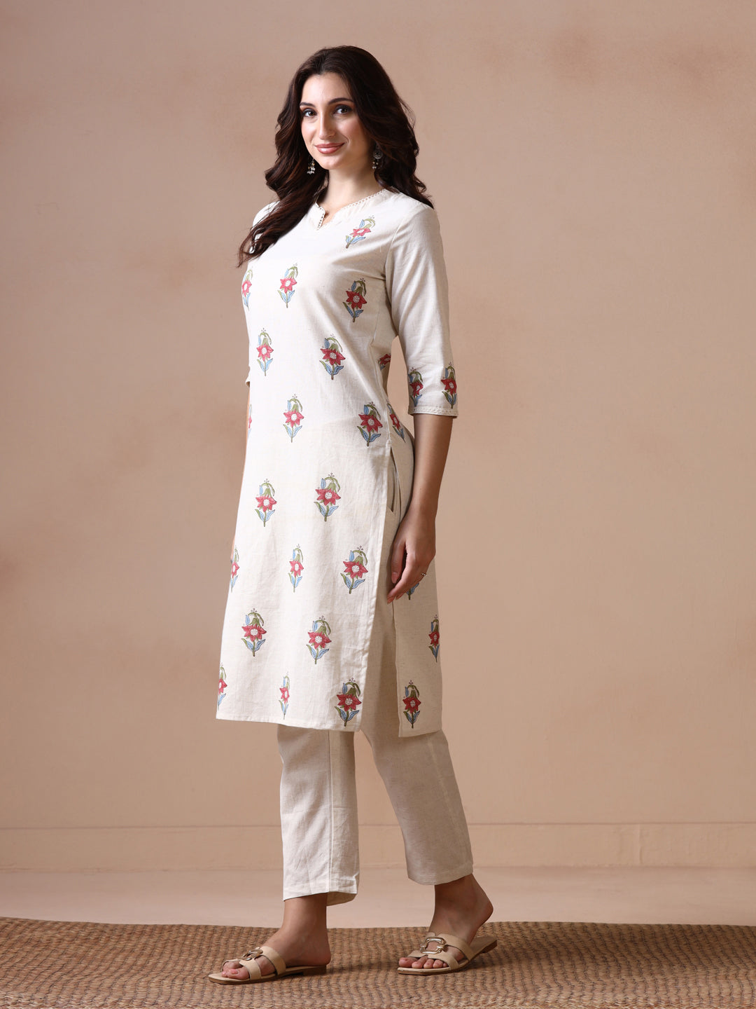Off-White Cotton Straight Kurta with Floral Block Print.