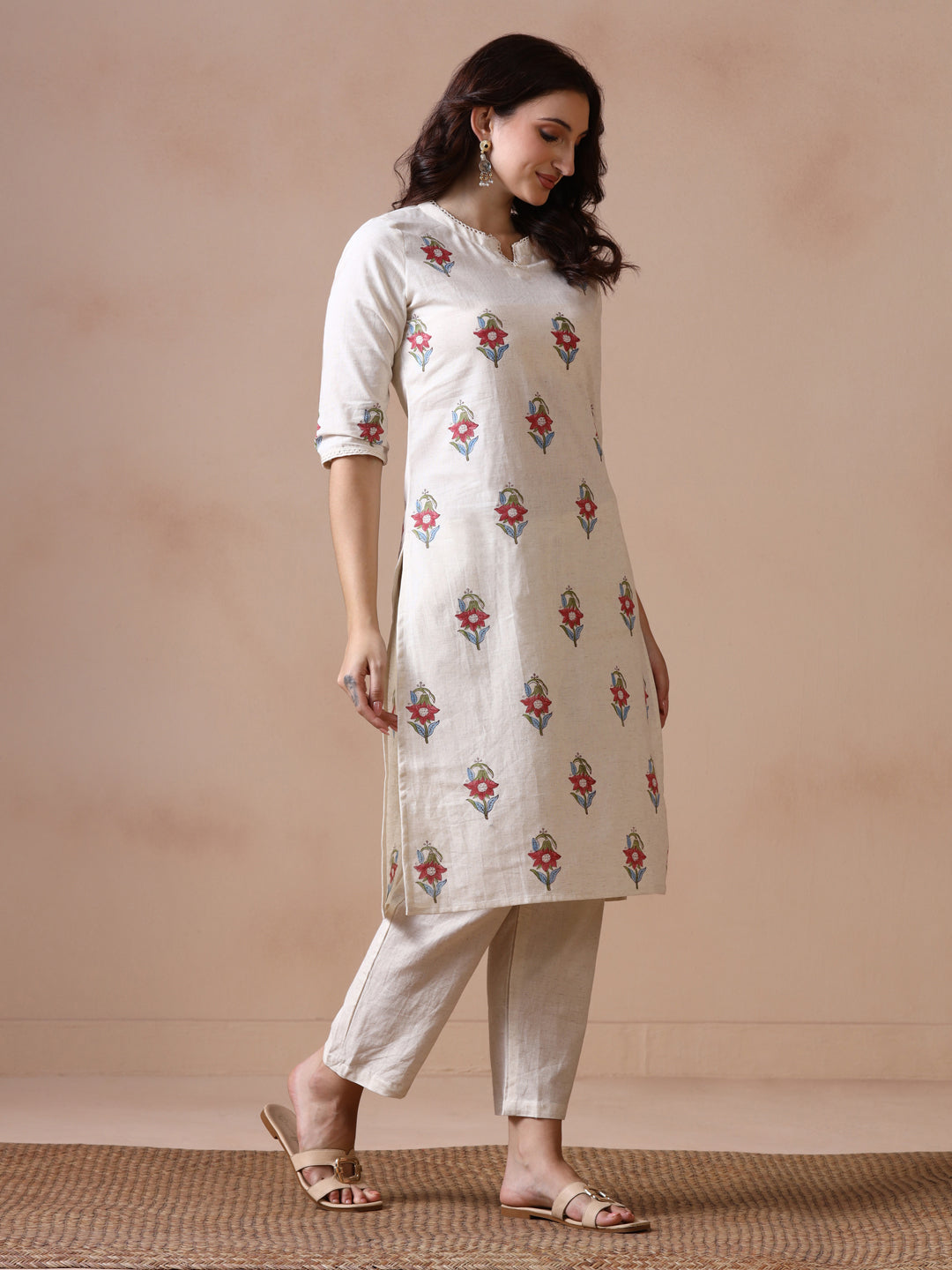 Off-White Cotton Straight Kurta with Floral Block Print.