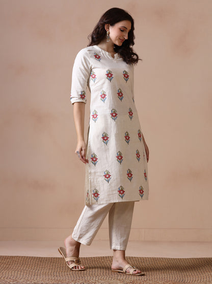 Off-White Cotton Straight Kurta with Floral Block Print.