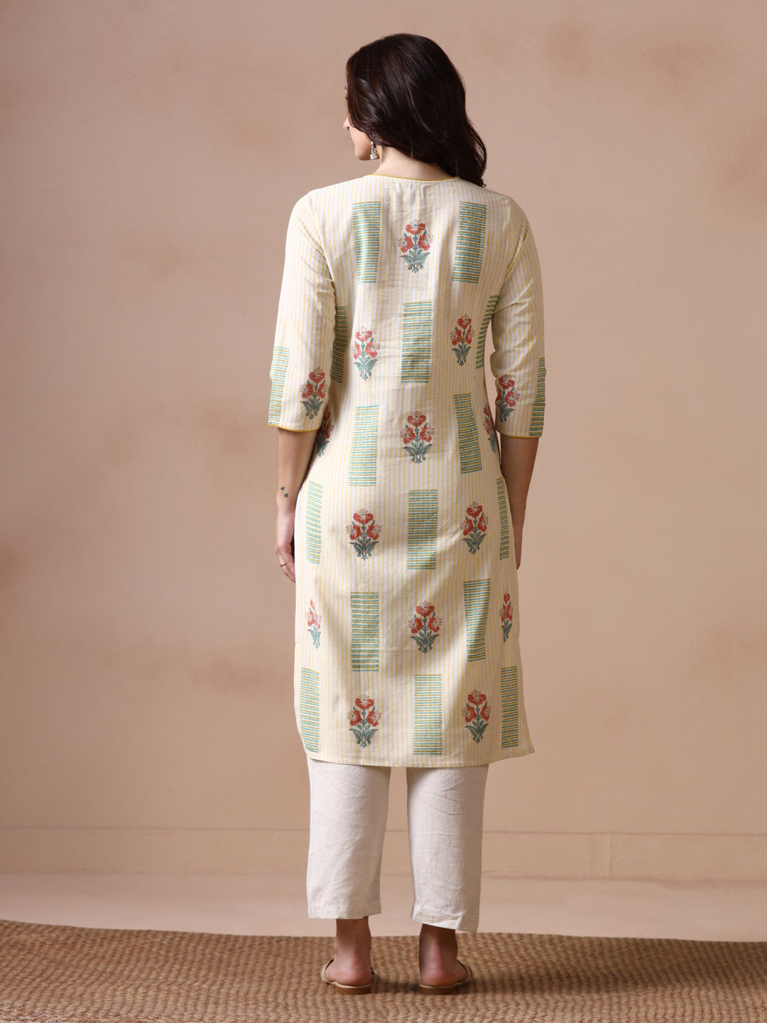 Light Yellow Striped Cotton Straight Kurta with Geometric and Floral Block Prints