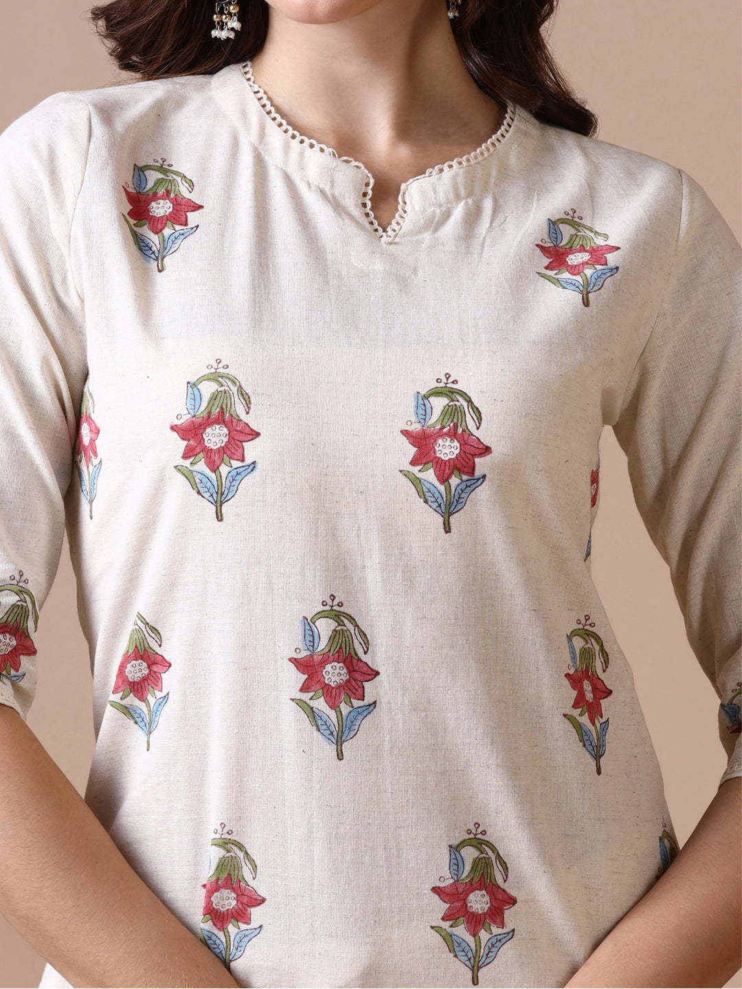 Off-White Cotton Straight Kurta with Floral Block Print.