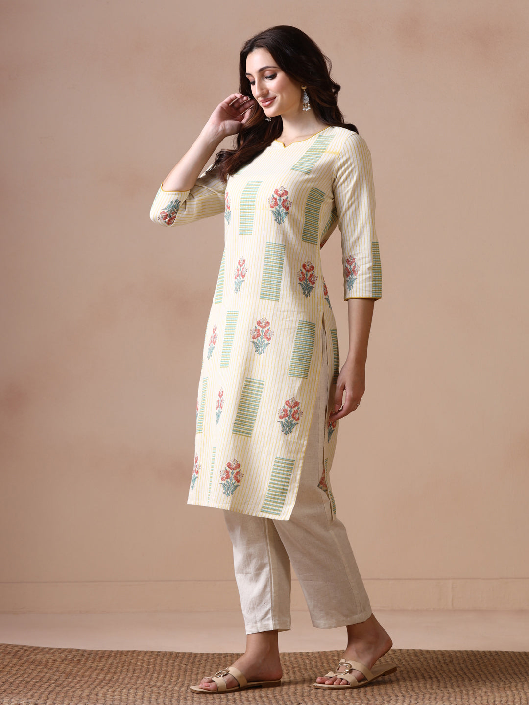 Light Yellow Striped Cotton Straight Kurta with Geometric and Floral Block Prints