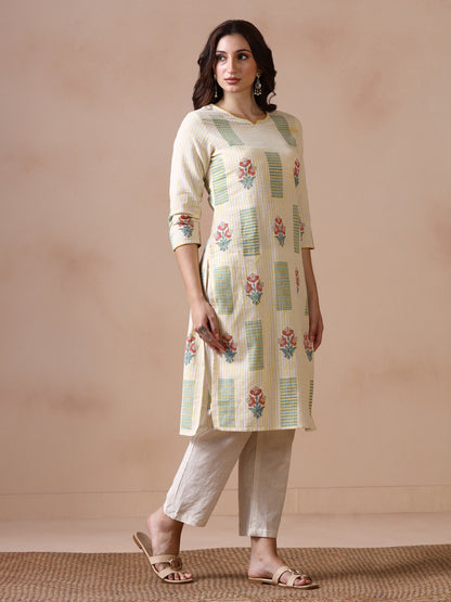 Light Yellow Striped Cotton Straight Kurta with Geometric and Floral Block Prints
