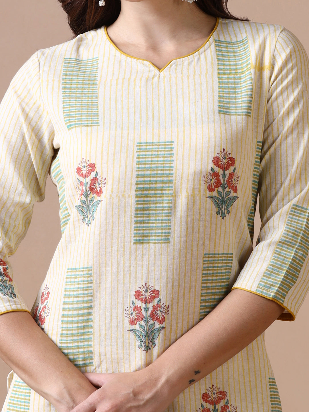 Light Yellow Striped Cotton Straight Kurta with Geometric and Floral Block Prints
