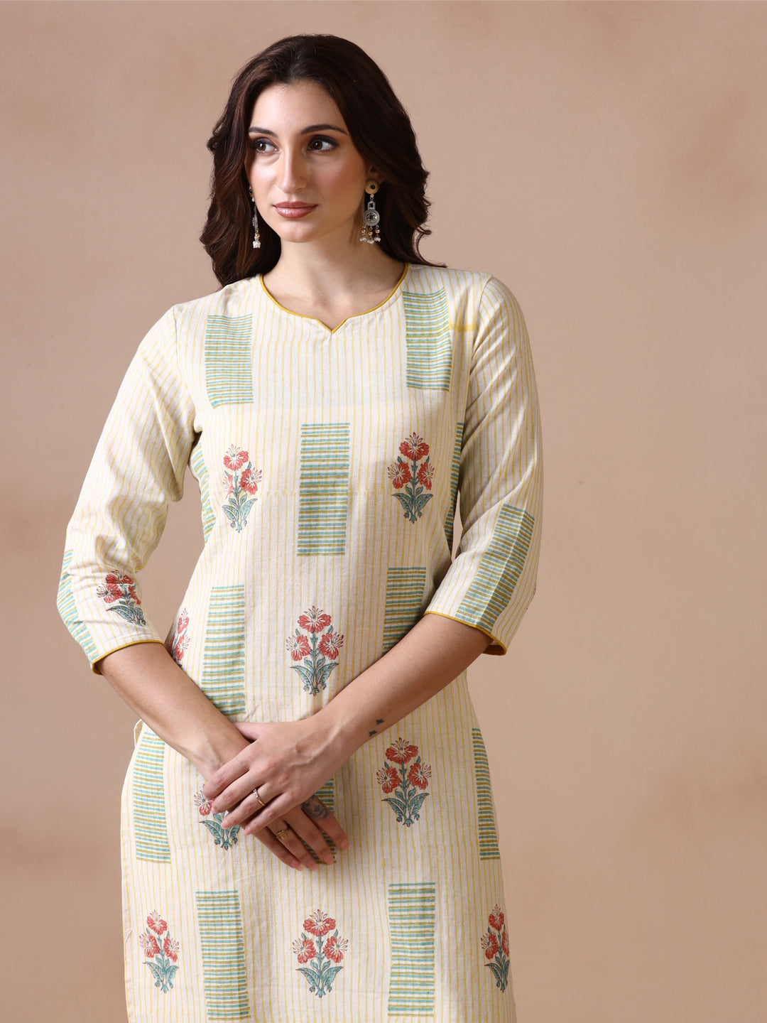 Light Yellow Striped Cotton Straight Kurta with Geometric and Floral Block Prints