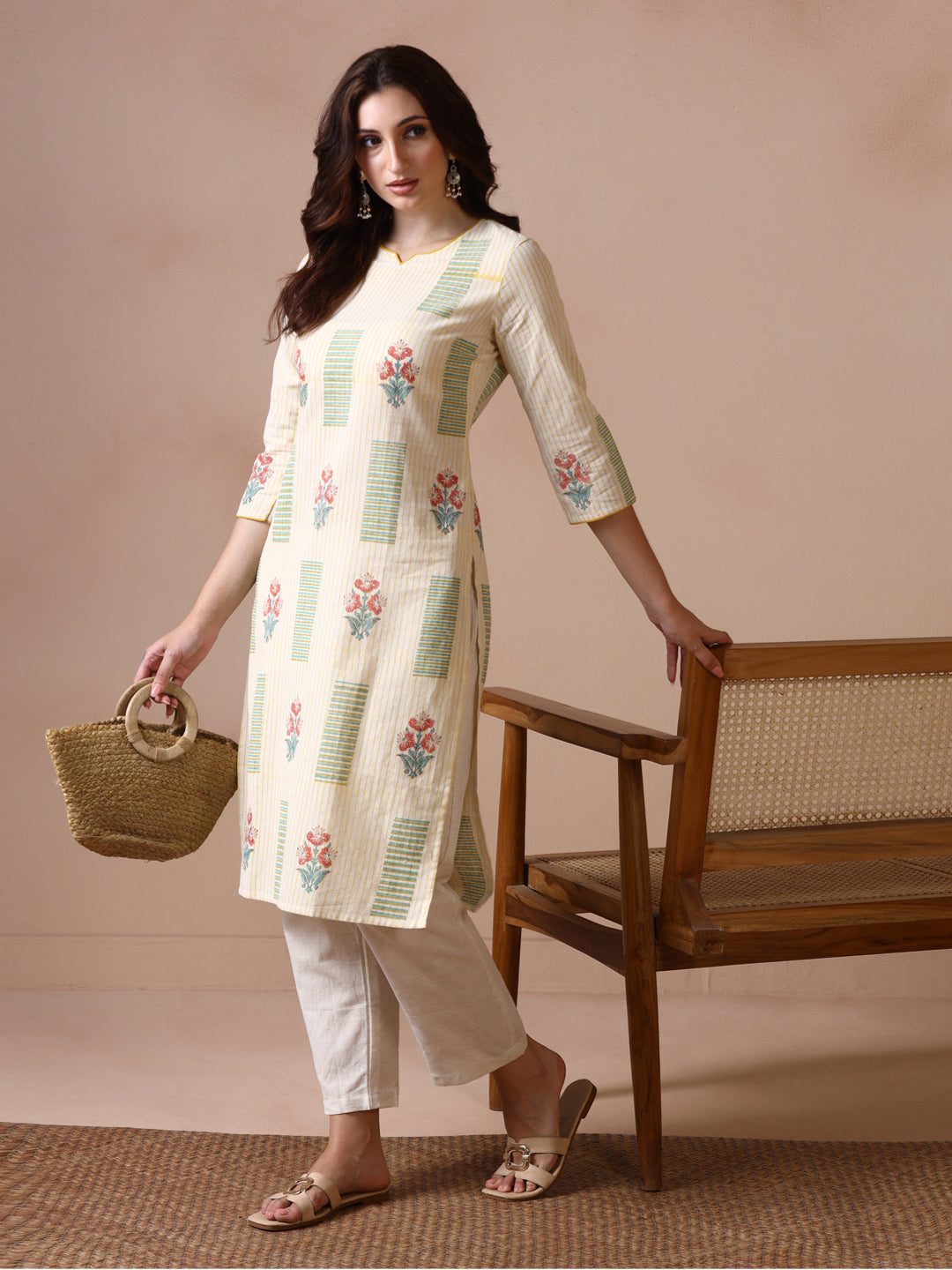 Light Yellow Striped Cotton Straight Kurta with Geometric and Floral Block Prints