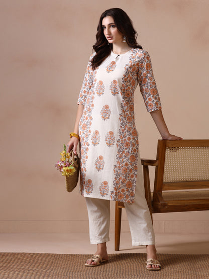 Off-White Floral Panelled Cotton Handblock Print Kurta with Keyhole Neck
