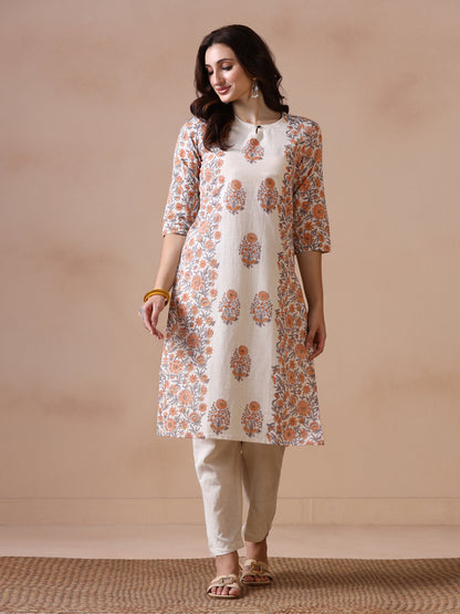 Off-White Floral Panelled Cotton Handblock Print Kurta with Keyhole Neck