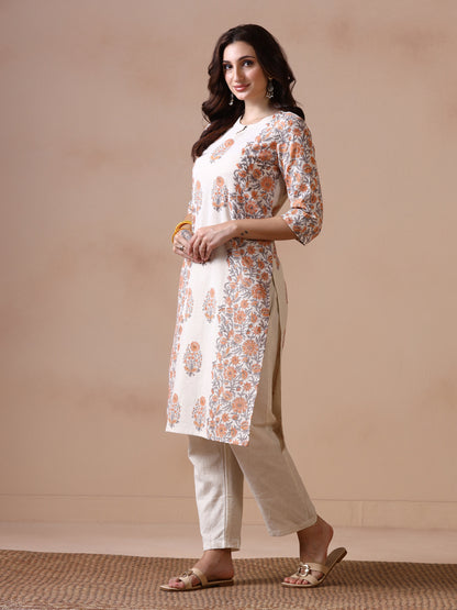 Off-White Floral Panelled Cotton Handblock Print Kurta with Keyhole Neck