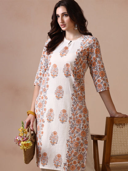 Off-White Floral Panelled Cotton Handblock Print Kurta with Keyhole Neck