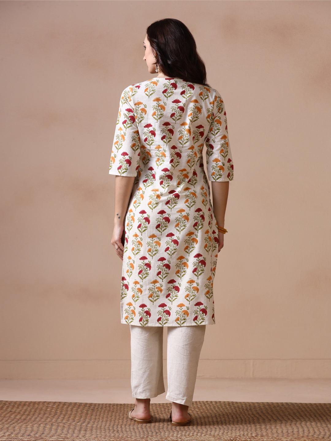 Off-White Cotton Straight Kurta with Red and Yellow Floral Block Prints